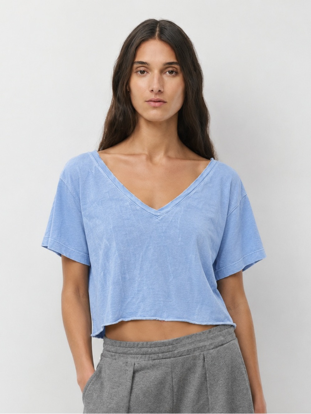 NWT Nordstrom BP Washed V-Neck Crop T-Shirt Baby Blue Cotton Loose Fit Small